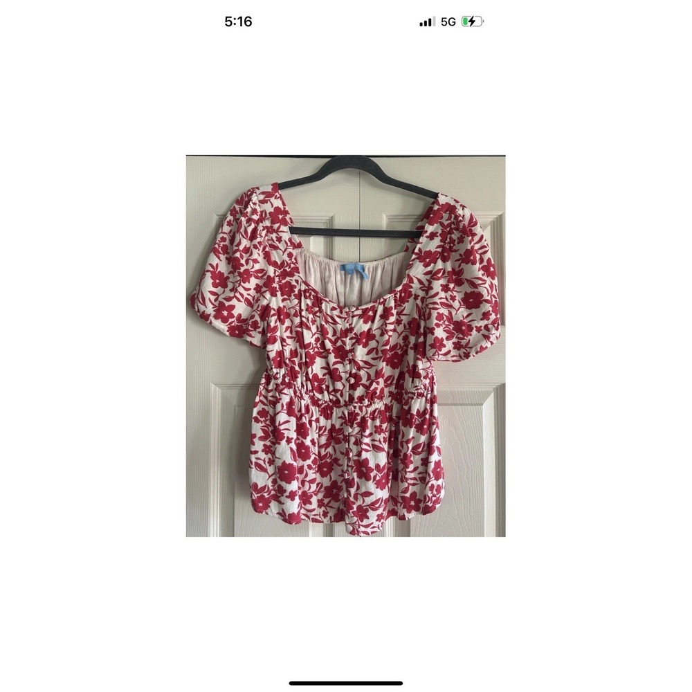Draper James Blouse Women's Size M White Pink Floral Shirt Puff Sleeve Lined Top